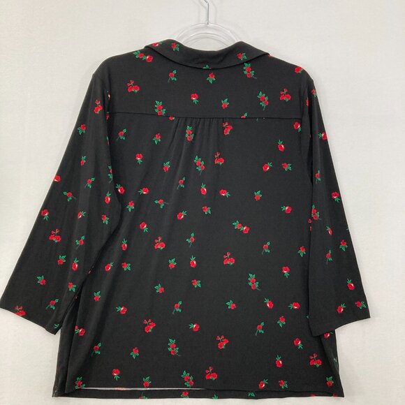 Charter Club size XL Black Red Floral Stretch Knit 3/4 Sleeve Popover Blouse - Picture 8 of 10
